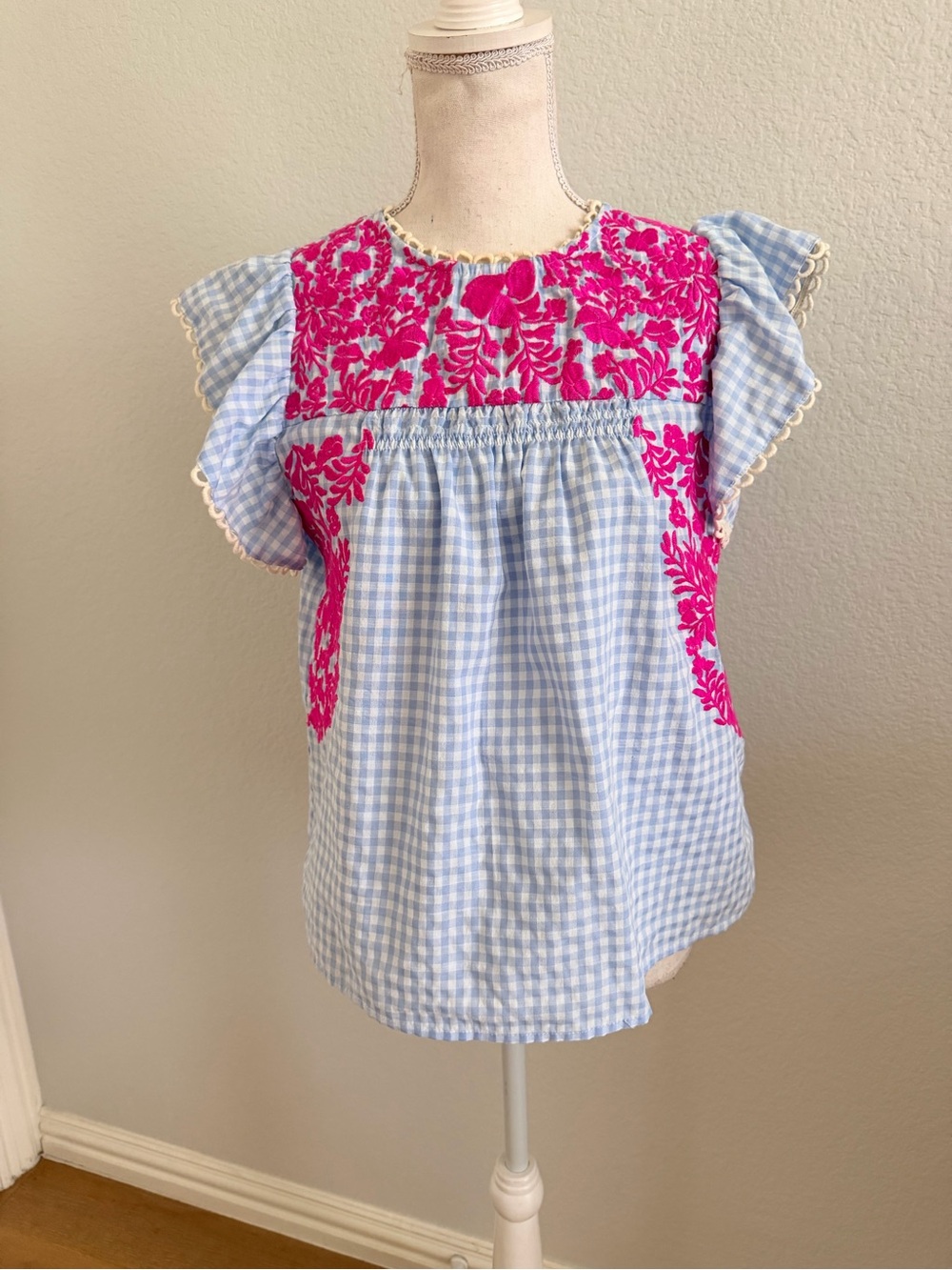 THML Blue Gingham Top with Hot Pink Floral Embroidery